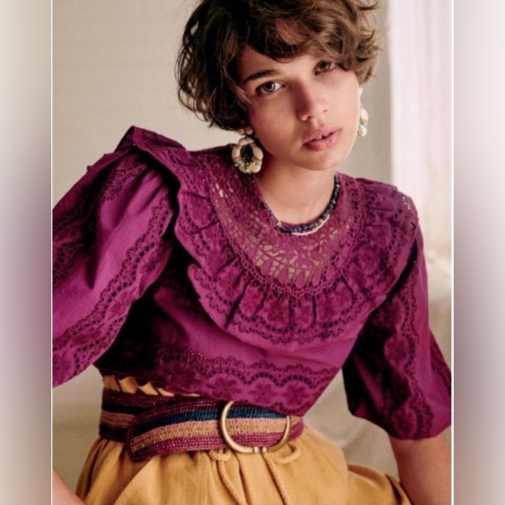 Sezane Elsa Blouse Eyelet Embroidered Ruffled Openwork in Purple Violet sz36/US4 - Picture 13 of 13